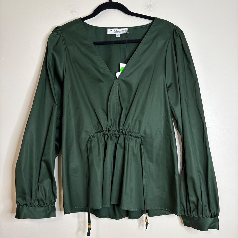 INCLAN STUDIO Magnolia Top Hunter Green‎ Long Sleeve V Neck Size L